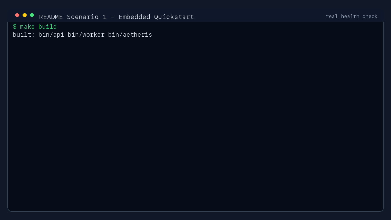 Aetheris embedded quickstart health check GIF
